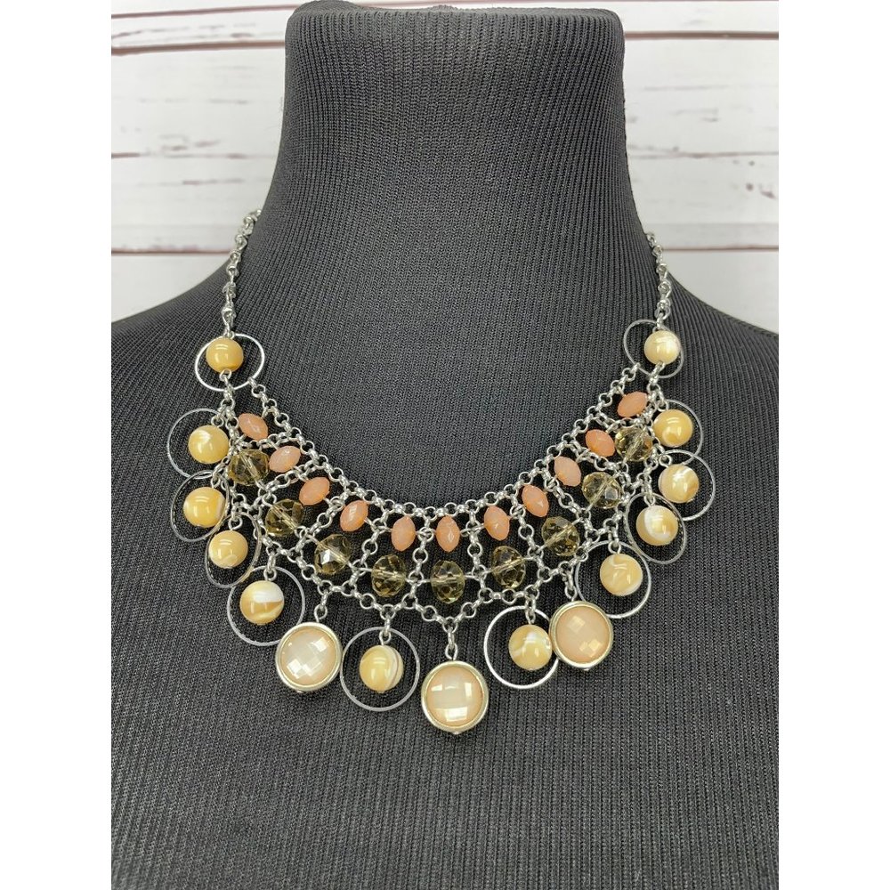 New York & Company Vintage Tri-Circle Beaded Multi-Color Pink Coral Silver Neckl